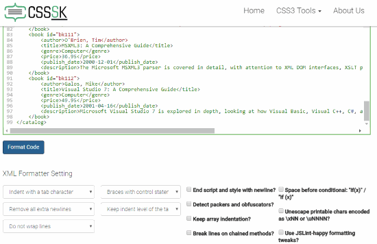 Online XML Beautifier and Formatter interface