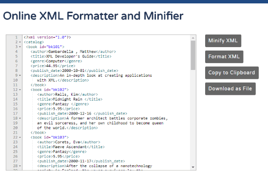 Online XML Formatter and Minimier interface