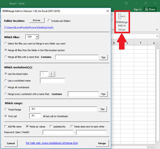 RDBMerge Excel addin to merge CSV files into one