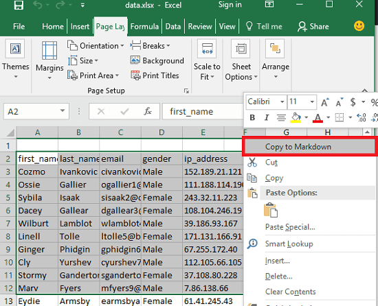 excel addin to copy excel to markdown