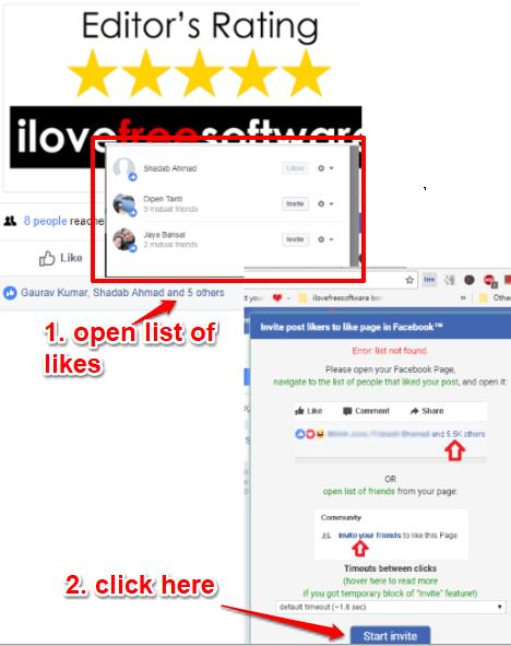open list of likes and use start invite button