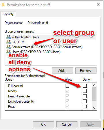 set deny options for a group or user