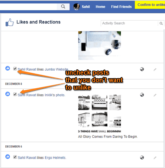 uncheck posts that you don't want to unlike