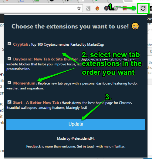 use extension pop up to select new tab extensions and update