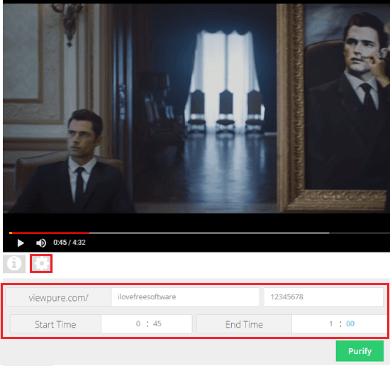 viewpure share specific portion of a video with password