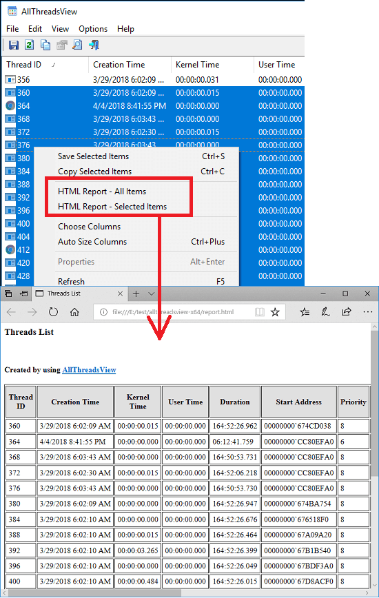 AllThreadsView export thread report