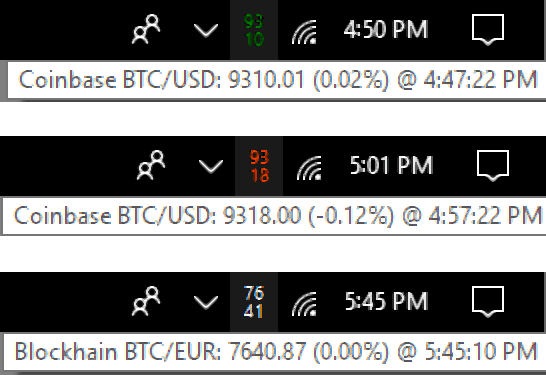 Bitcoin Prices in System tray of Windows 10