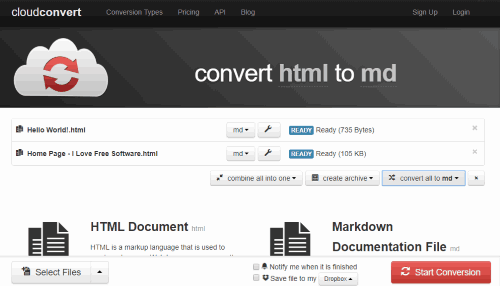 CloudConvert HTML to MD converter