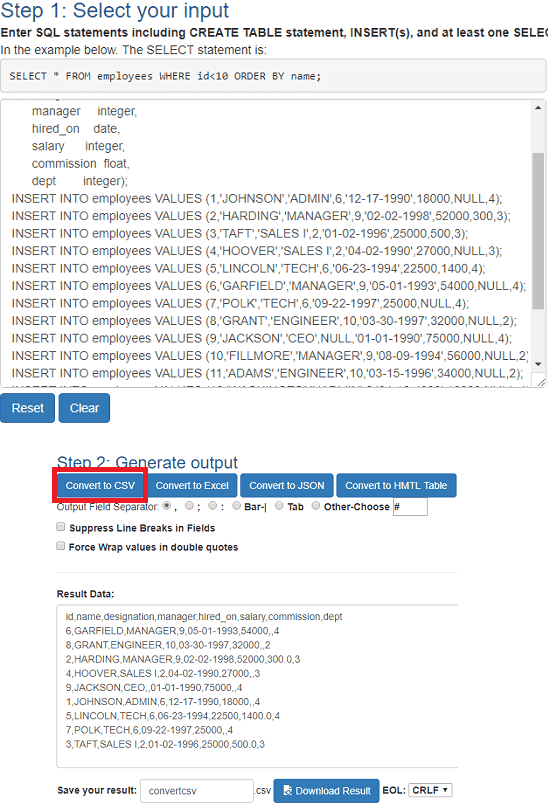 ConvertToCSV sql to csv