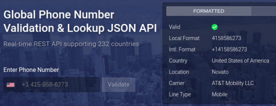 Free Global Phone Number Lookup Website with 232 Countries, API