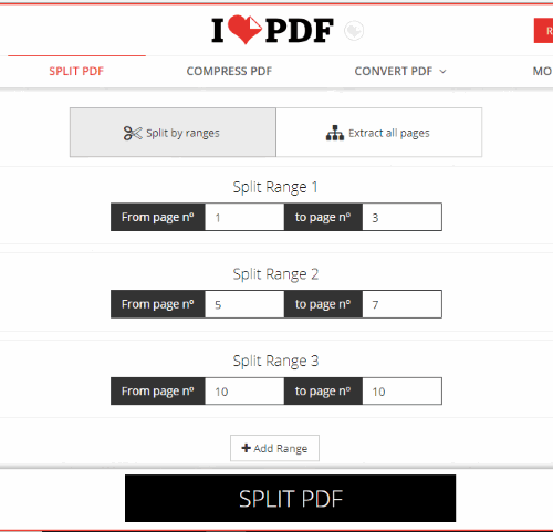 Ilovepdf splitter interface