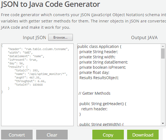 JSON to Java Code Generator free online