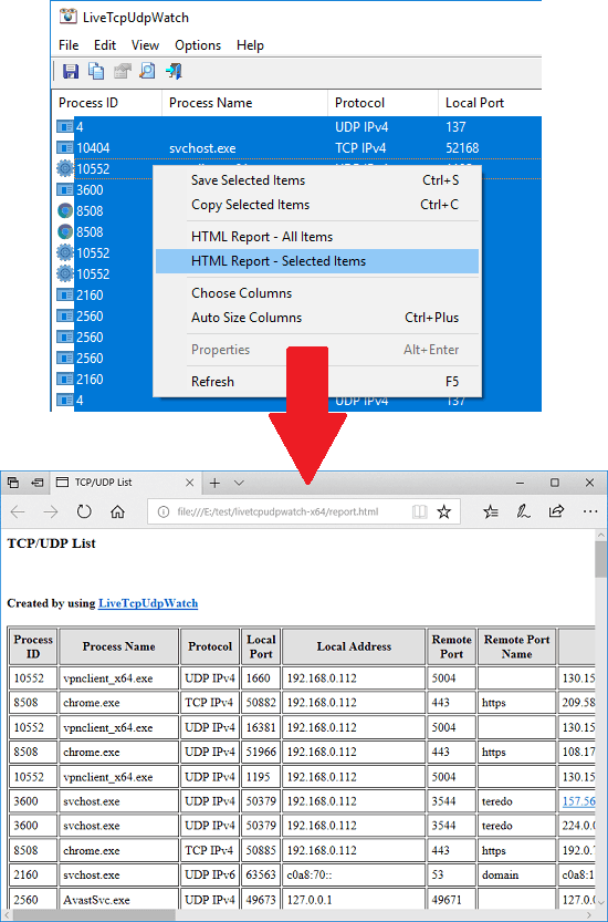 LiveTcpUdpWatch export tcp udp activity report