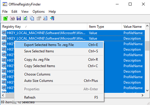 Offline Registry search export result as reg file