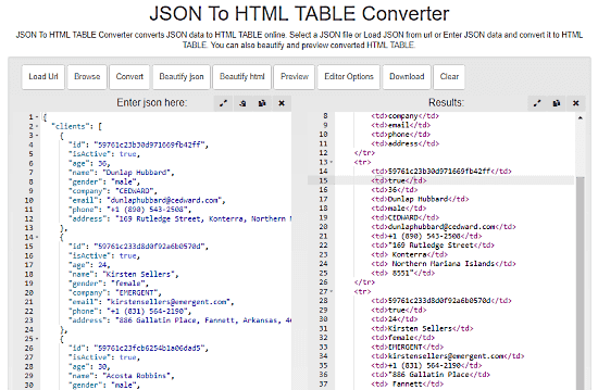 online JSON to HTML Table converter