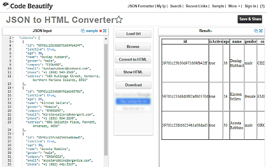 convert JSON to HTML Table online