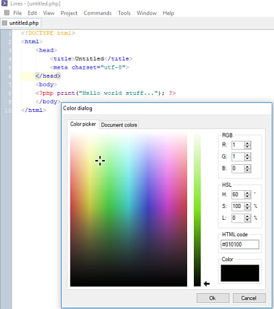 color picker in lines code ditor