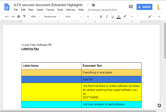 highlighted text extracted as separate document in google docs