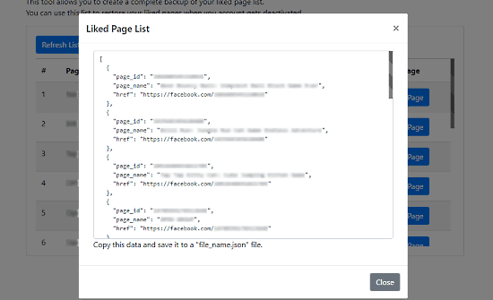 export liked Facebook page list