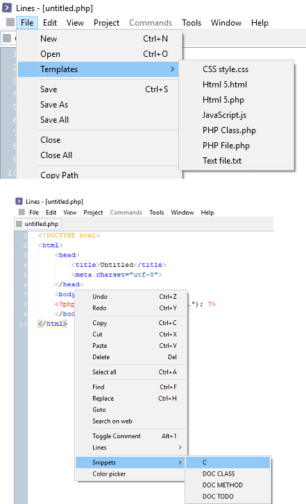 lines code editor snippet and templates