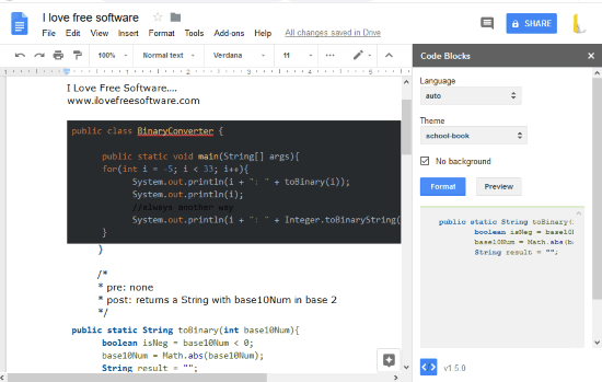 syntax highlighting added to code in google docs