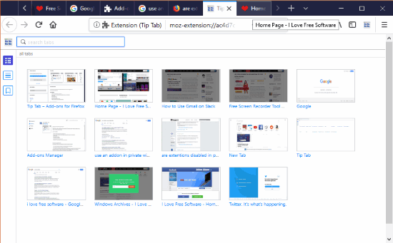 thumbnails of all opened firefox tabs visible