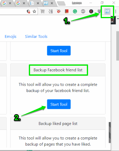 use start tool button in backup facebook friend list