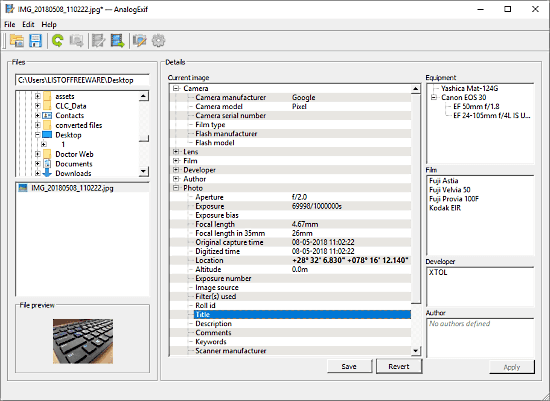 Editing, Creating and Viewing EXIF data with free Exif editor