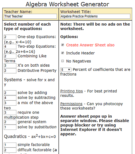 algebra worksheet generator