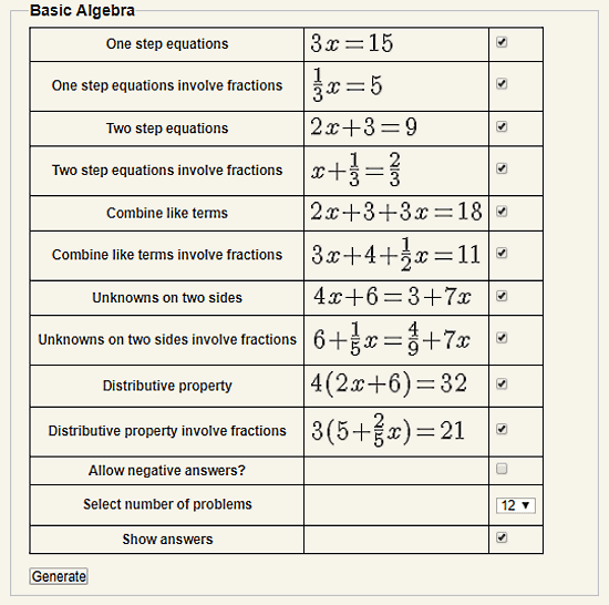 free algebra worksheet generator