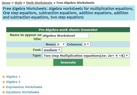 online algebra worksheet generator free