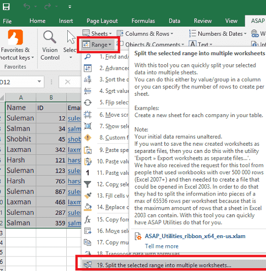 ASAP Utilities split the range option