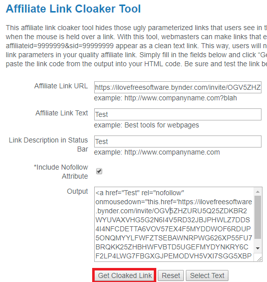 Affiliate Link Cloaker Tool in action