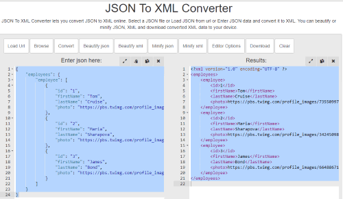 BeautifyTools JSON to XML interface