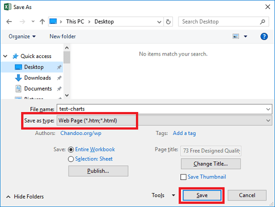 Excel save as web page