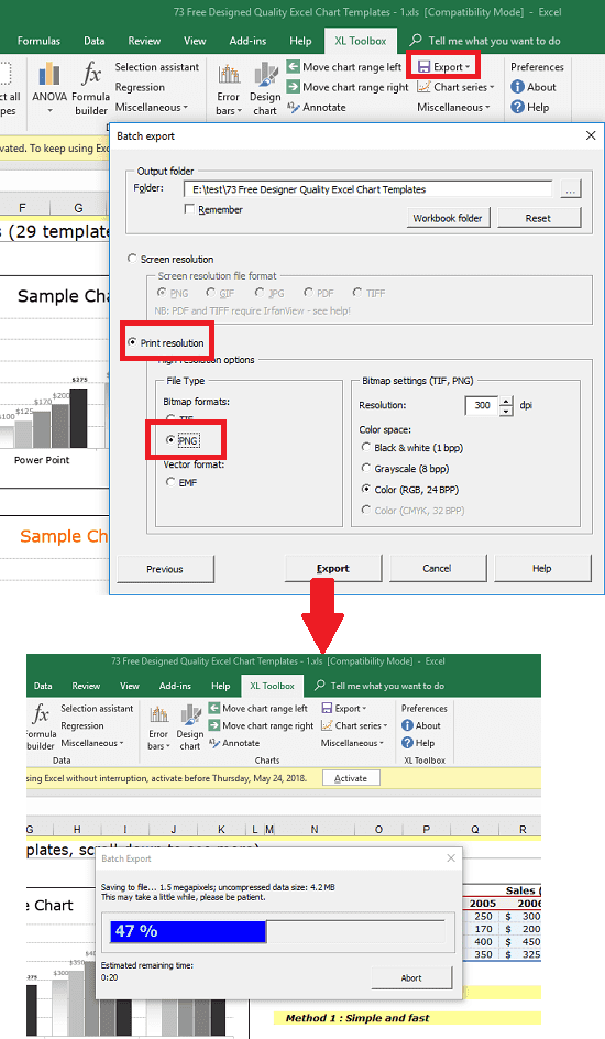 Export all charts from Excel XL Toolbox