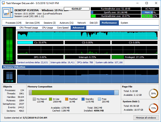 Free task manager with network connections, memory map, user sessions