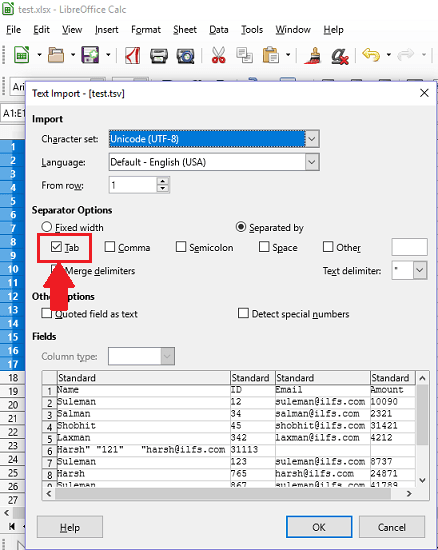 LibreOffice Calc import TSV