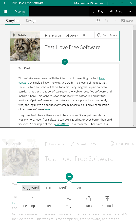 Microsoft Sway editor to create content