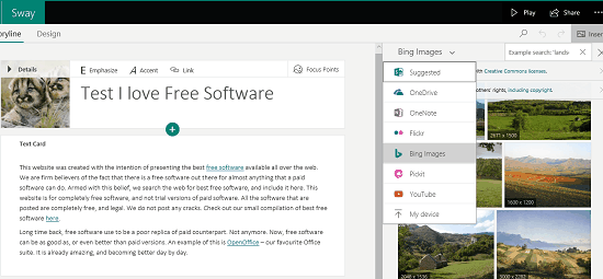 Microsoft Sway tools for media