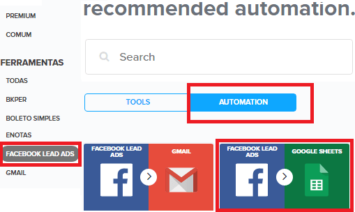 Pluga select automation FB Lead Ads to Google Sheets
