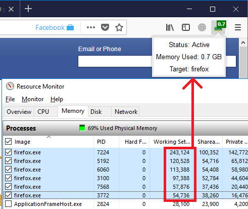 See Memory Consumption of Firefox in Toolbar of Firefox Browser