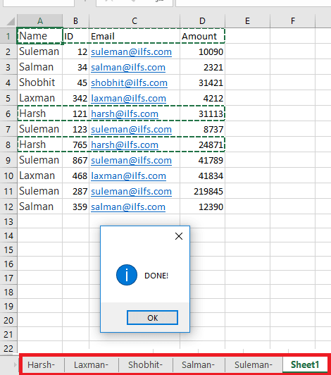 Sheets created after splitting data xl