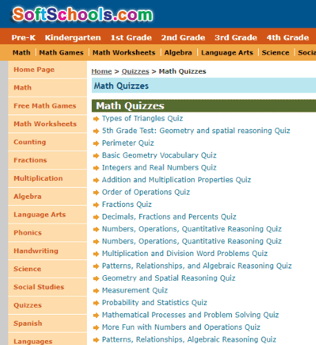 SoftSchools.com Math quizzes