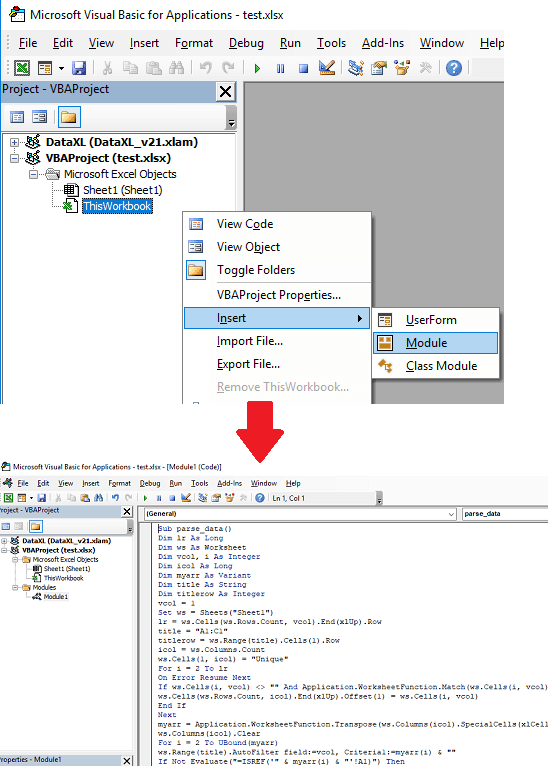 insert module in Excel and VBA Code - Split Sheets
