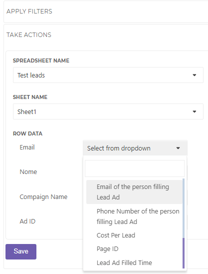 leado sheet and facebook configuratioin