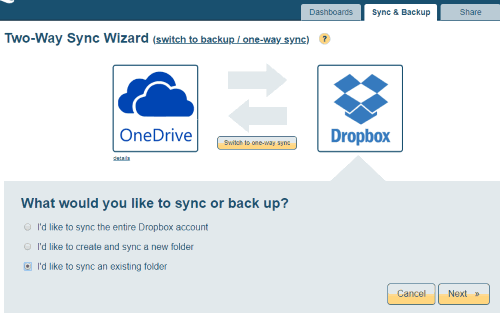 select sync option for dropbox