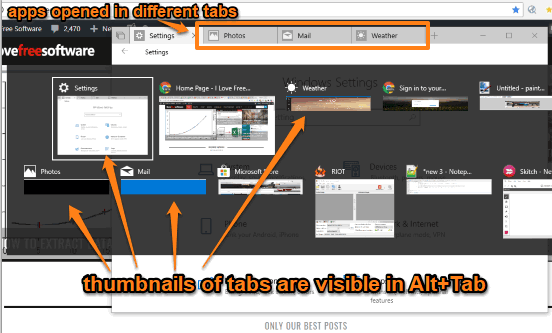 thumbnails of apps opened as tabs are visible in alt+tab mode