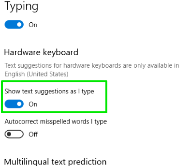 turn on show text suggestions as I type option
