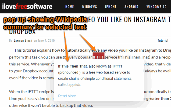 wikipedia summary visible for selected word on a webpage